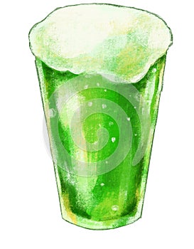 Cold green saint Patrick`s day beer with foam alcohol booze drink hand digital painting illustration