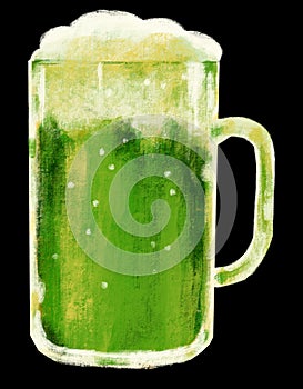 Cold green saint Patrick`s day beer with foam alcohol booze drink hand digital painting illustration