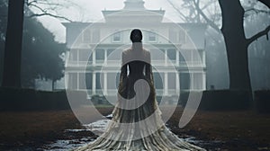 Cold haunting ghostly female figure walking in front of a foggy Southern Plantation antebellum mansion on Halloween night -