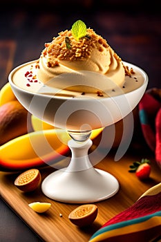 Cold ice cream topped with mulitple fine chopped dry fruits