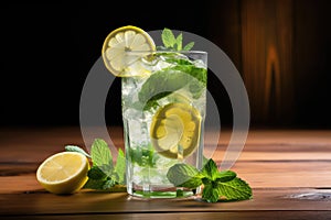 Cold Iced Mojito, Lemon Water Drink, Mint Lemonade, Lemon Cocktail on Wood Rustic Background Closeup