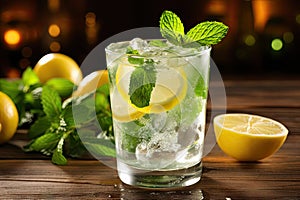 Cold Iced Mojito, Lemon Water Drink, Mint Lemonade, Lemon Cocktail on Wood Rustic Background Closeup