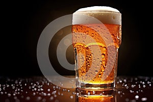 a cold lager beer glass with condensation droplets