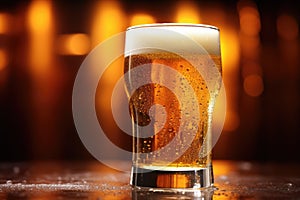 a cold lager beer glass with condensation droplets