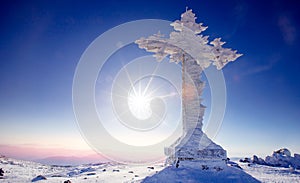 Cold landscape worship cross mountain Kemerovo region Russia in winter forest