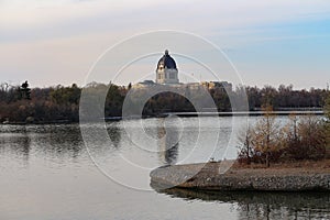 Cold late fall Saskatchewan Legislature at Wascana Lake