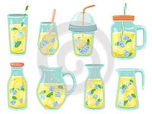 Cold lemonade. Fresh drinks, homemade lemonade in bottle, jug and glass with lemon slices and ice cubes vector
