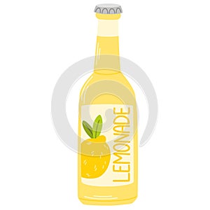 Cold lemonade in glass bottle. Fresh soda beverage, summer refreshment drink with lemon flavor, taste.