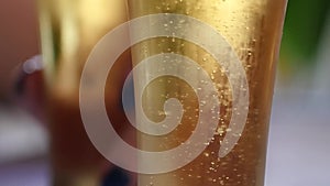 Cold light beer in a glass with water drops. Beer bubbles, slow motion