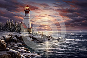 Cold Lighthouse winter. Generate Ai