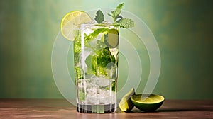 Cold lime water with ice in a glass with a straw