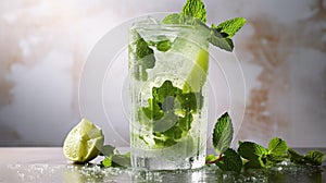 Cold lime water with ice in a glass with a straw