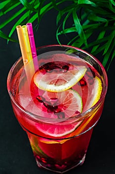 Cold limonade with garnet seeds, slices of citruses and color drinking straws