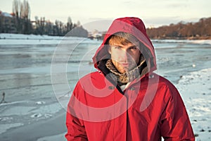 It is so cold. love winter nature. man in red parka. winter male fashion. warm clothes for frost. chill weather forecast