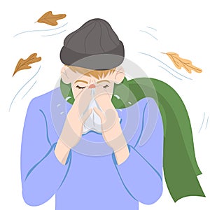 A cold man blows his nose in a handkerchief. Vector graphics