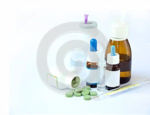 Cold medicine - tablets, syrup, drops, thermometer