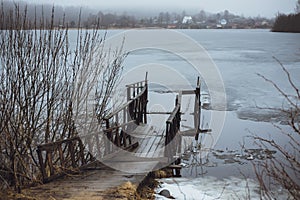 Cold Melancholic Spring Landscape with Lake.