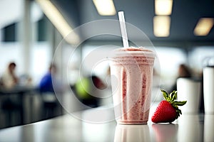 Cold milkshake of strawberries on a cafeteria.