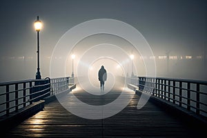 a cold morning, a person goes over the bridge, despair