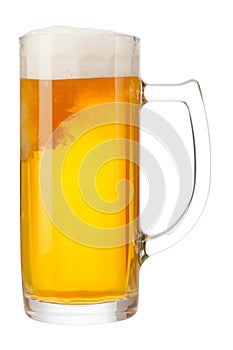 Cold mug of beer with foam isolated on white background.