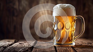 cold mug with beer, with overflowing froth, on wooden table and dark background with copy space, side view