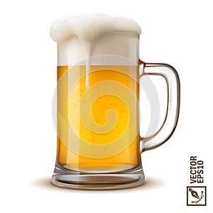 cold mug of light beer with lush flowing foam, 3D realistic glass with handle