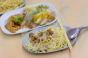 Cold noodles served on table. Noodles. Taiwan`s regular breakfast. Healthy national breakfast. Street food. Regional Food