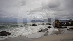 A cold October day on the beach at Myrland in Flakstad island, Lofoten