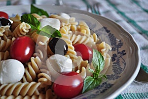 Cold pasta with mini mozzarella, cherry tomato, basil leaves, black olives and rosÃ© wine Cerasuoloe