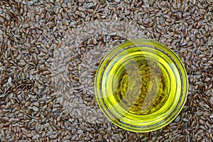 Cold pressed Linseed yellow oil on flaxseed