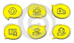 Cold-pressed oil, Skin cream and Ambulance car icons set. Health eye sign. Vector