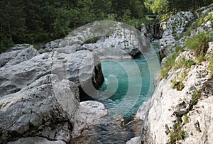 Cold pure Soca river great gorge canyons, Slovenia