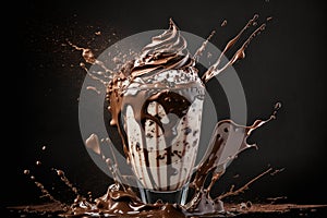 A cold and refreshing chocolate milkshake with splashes captured on a dark background. AI