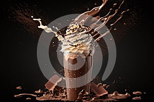A cold and refreshing chocolate milkshake with splashes captured on a dark background. AI