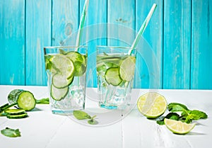 Cold and refreshing infused detox water with lime, mint and cucumber in a glass on wood background