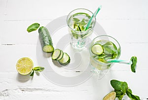 Cold and refreshing infused detox water with lime, mint and cucumber in a glass on wood background