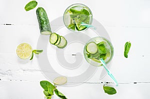 Cold and refreshing infused detox water with lime, mint and cucumber in a glass on wood background