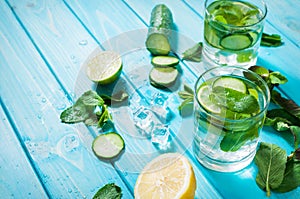 Cold and refreshing infused detox water with lime, mint and cucumber in a glass on wood background