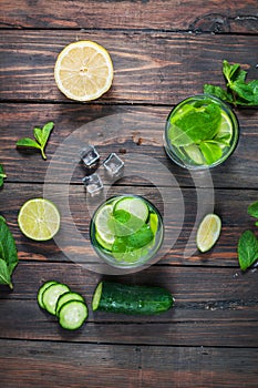 Cold and refreshing infused detox water with lime, mint and cucumber in a glass on wood background