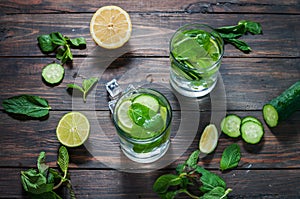 Cold and refreshing infused detox water with lime, mint and cucumber in a glass on wood background