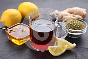 Cold remedies on black table, closeup. Cough treatment