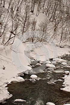 Cold river with snow water hokkaido Japan