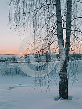 Cold russian sunrise in Vologda region.