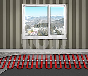 Cold season comfort. Room with installed underfloor heating system, illustration