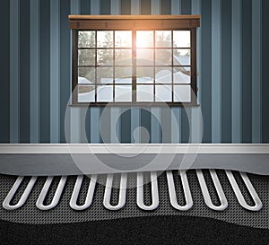 Cold season comfort. Room with installed underfloor heating system, illustration