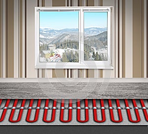 Cold season comfort. Room with installed underfloor heating system, illustration