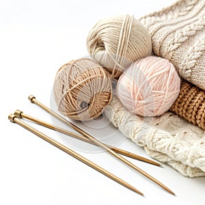 Cold season cozy hobby knitting isolated on white background photo