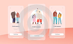 Cold Season Mobile App Page Onboard Screen Template. People At Wintertime Freeze, Characters Wear Warm Winter Clothes