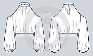Cold sholder Top, Shirt technical fashion Illustration. Puffed sleeve Shirt fashion flat technical drawing template