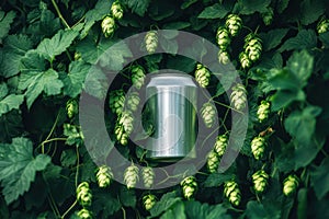 Cold silver beer can surrounded by green fresh hops